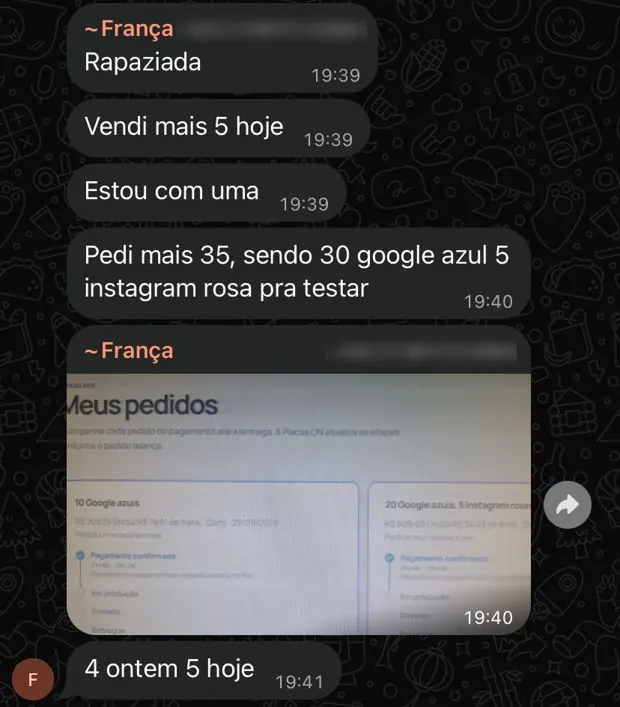 Aluno contando que vendeu mais 5 placas e fez novo pedido